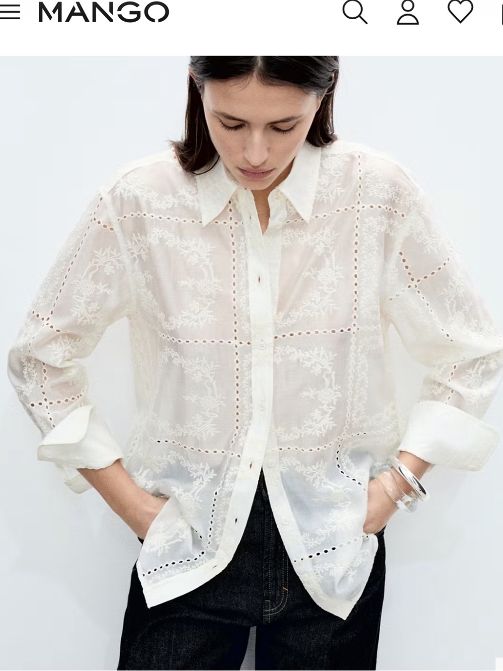 MANGO Ivory Sheer Embroidered Button-Down Shirt